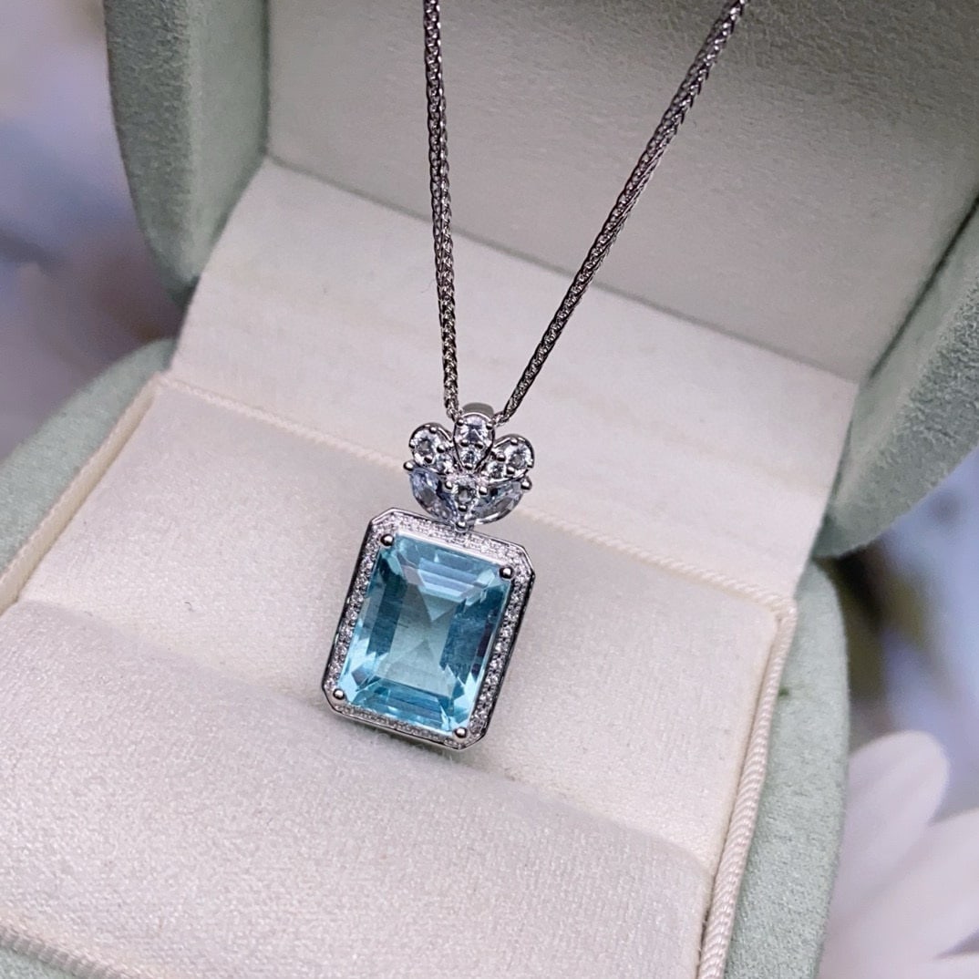 14k Gold 5 Ct Natural Aquamarine & Diamond & Sapphire Pendant( Without Chain ) - 2