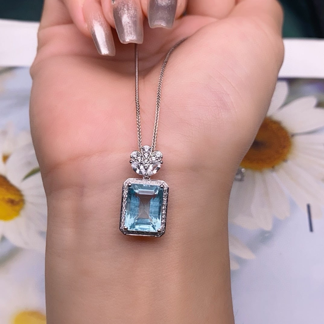 14k Gold 5 Ct Natural Aquamarine & Diamond & Sapphire Pendant( Without Chain ) - 5