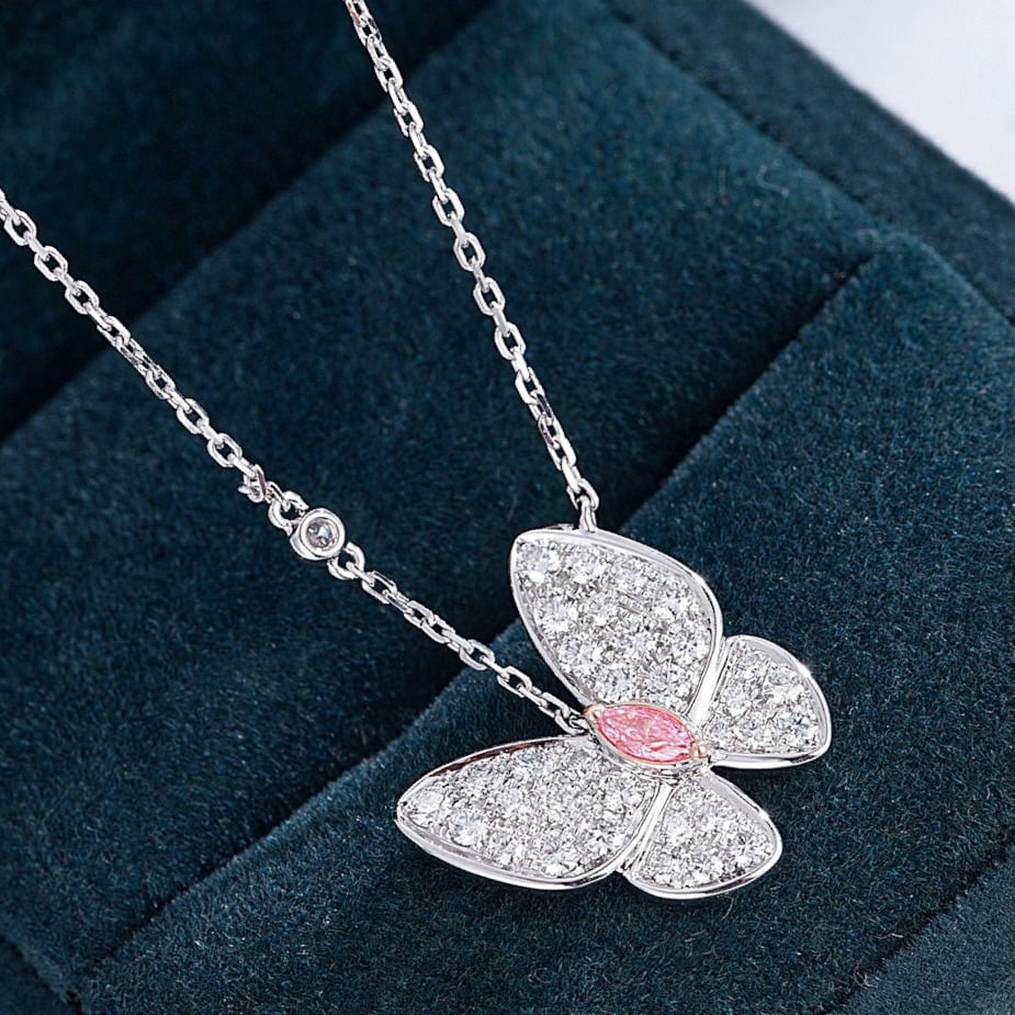 14k Gold 0.93 Ctw Natural Pink Diamond & Diamond & Butterfly Necklace - 4