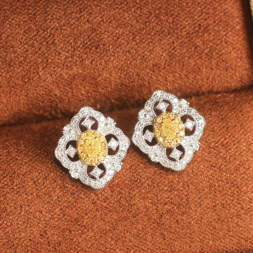 14k Gold 0.51 Ctw Natural Yellow Diamond & Diamond Earrings: Ref:230938286 // gold content:14k gold // main gemstone:yellow diamond // shape:oval // carat weight:0. 09ct // color:yellow // treatment:natural // // adjacent gemstone 2 : diamond // shape:round