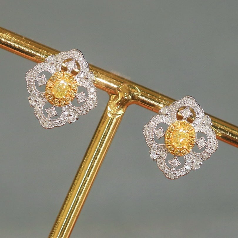 14k Gold 0.51 Ctw Natural Yellow Diamond & Diamond Earrings - 4