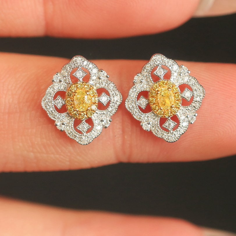 14k Gold 0.51 Ctw Natural Yellow Diamond & Diamond Earrings - 5