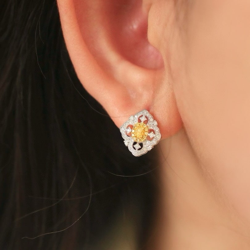 14k Gold 0.51 Ctw Natural Yellow Diamond & Diamond Earrings - 7