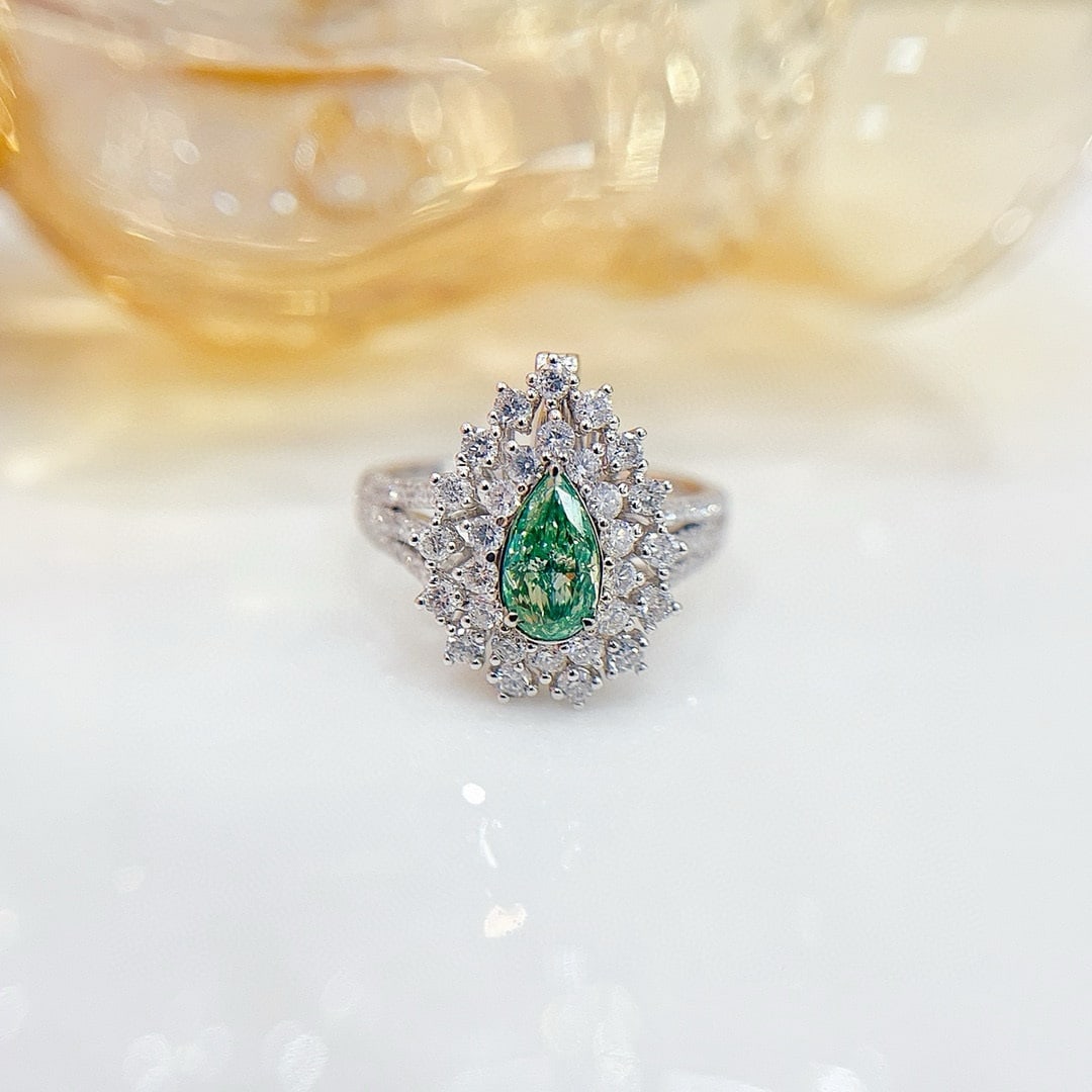 14k Gold 1.42 Ctw Natural Green Diamond & Diamond Ring/pendant( Without Chain ): Ref:230938313 // gold content:14k gold // ring size:7. 25us // // main gemstone:green diamond // shape:pear // carat weight:0. 55ct // color:green // treatment:natural // // adjacent gemstone 2 :