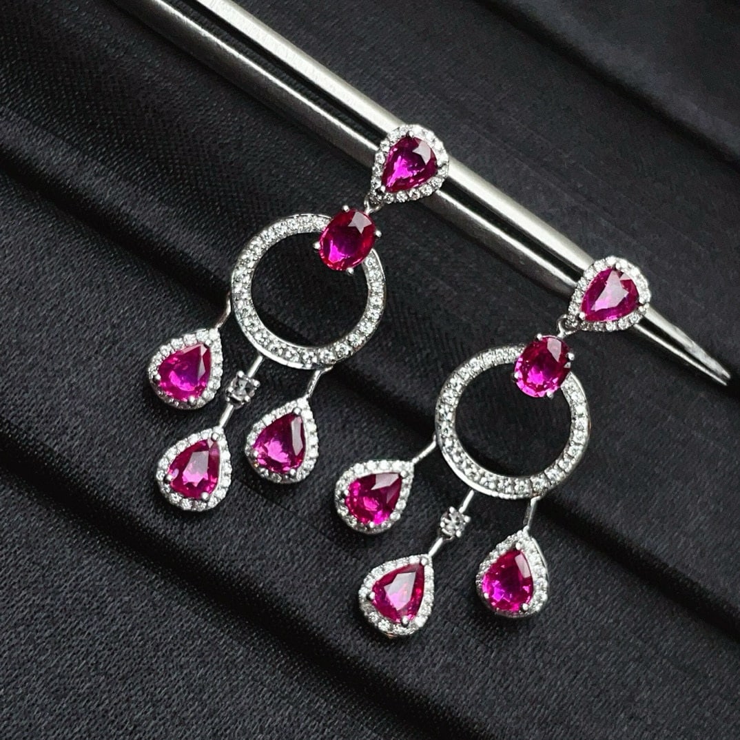 14k Gold 4.22 Ct Natural Ruby & Diamond & Sapphire Earrings - 2