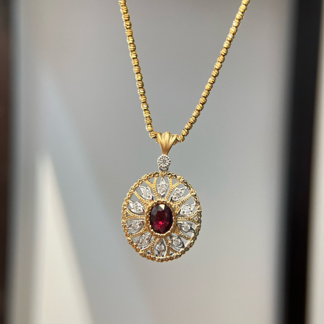 14k Gold 1.18 Ctw Natural Ruby & Diamond Pendant( Without Chain ): Ref:230938317 // gold content:14k gold // main gemstone:ruby // shape:oval // carat weight:1. 0ct // color:pigeonblood red // treatment:natural // // adjacent gemstone 2 : diamond // shape:round //