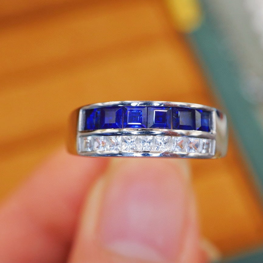 14k Gold 1.53 Ctw Vivid Blue Natural Sapphire & Sapphire Ring: Ref:230938331 // gold content:14k gold // ring size:7. 25us // // main gemstone:sapphire // shape:square // carat weight:1. 03ct // color:vivid blue // treatment:natural // // adjacent gemstone 2