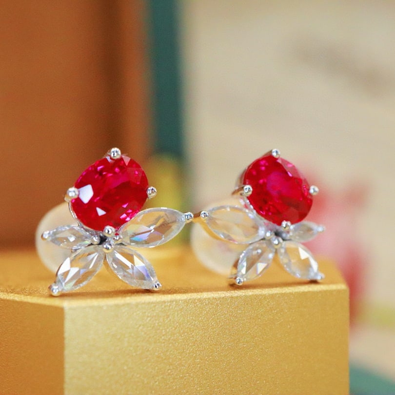 14k Gold 1.54 Ctw Natural Ruby & Diamond Earrings - 3