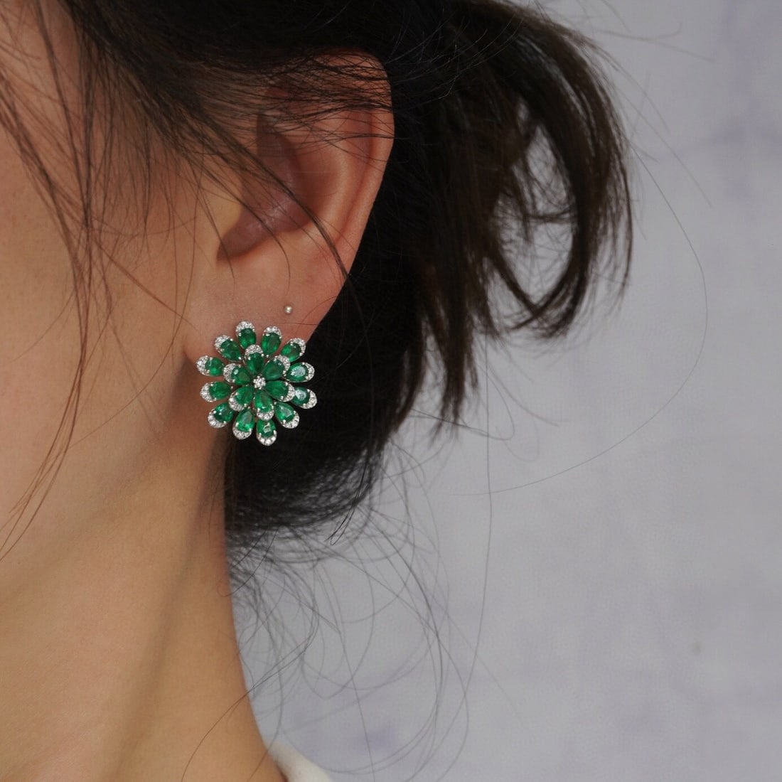 14k Gold 5.82 Ctw Vivid Green Natural Emerald & Diamond Earrings - 2