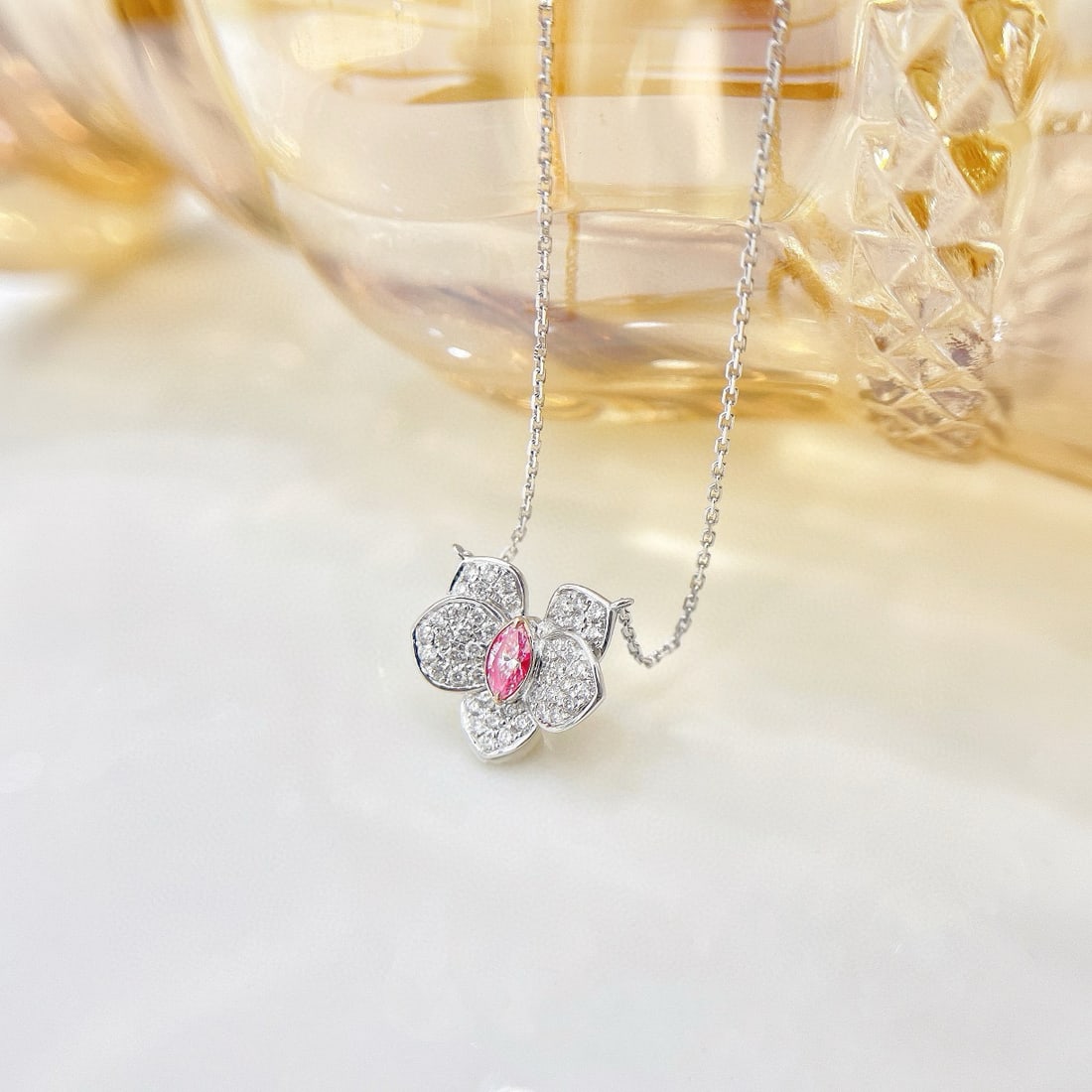 14k Gold 0.30 Ctw Natural Pink Diamond & Diamond & Flowers Necklace - 2