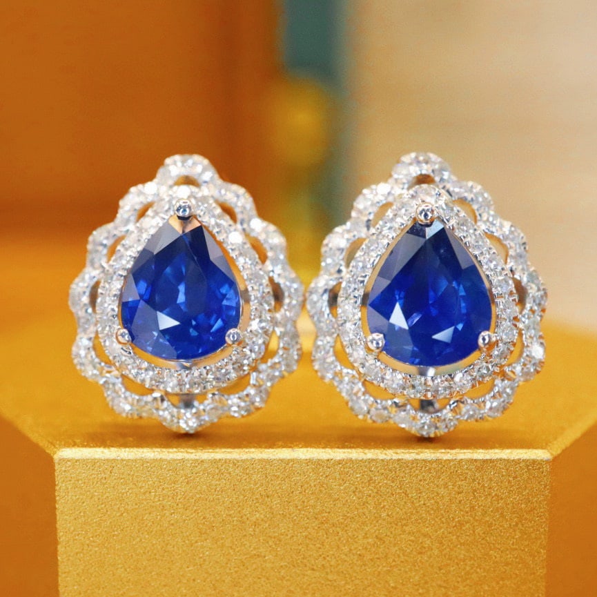 14k Gold 1.69 Ctw Natural Sapphire & Diamond Earrings: Ref:230938352 // gold content:14k gold // main gemstone:sapphire // shape:pear // carat weight:1. 36ct // color:royal blue // treatment:natural // // adjacent gemstone 2 : diamond // number of