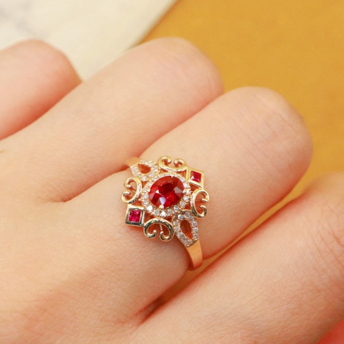 14k Gold 0.72 Ctw Natural Ruby & Diamond Ring - 6
