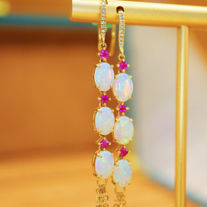 14k Gold 2.41 Ctw Natural Opal & Diamond Earrings - 2