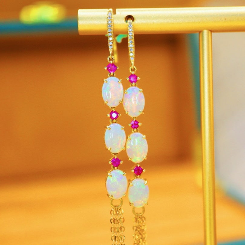 14k Gold 2.41 Ctw Natural Opal & Diamond Earrings - 5