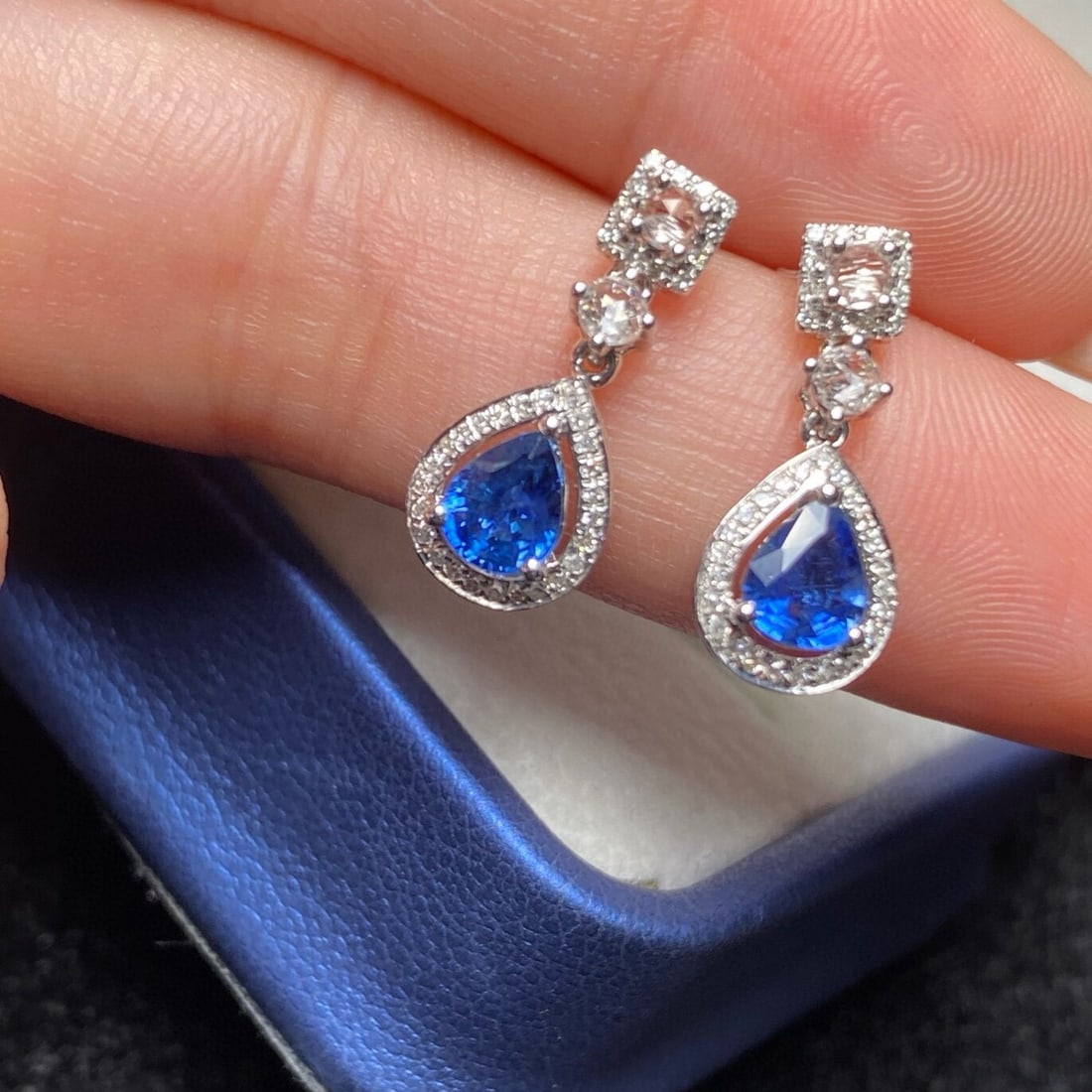 14k Gold 1.30 Ct Vivid Blue Natural Sapphire & Diamond & Sapphire Earrings - 2