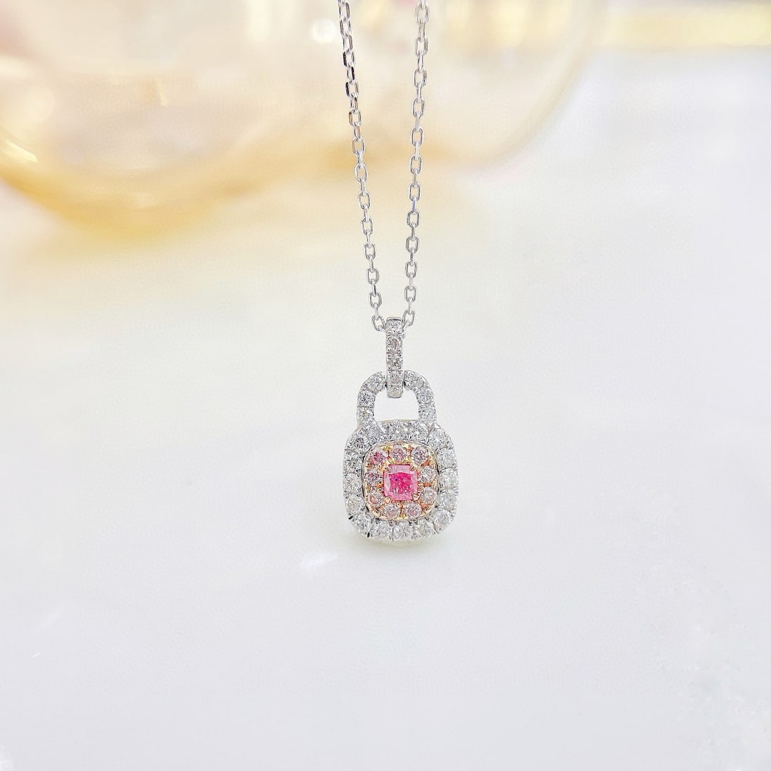 14k Gold 0.40 Ctw Natural Pink Diamond & Diamond Necklace: Ref:230938371 // gold content:14k gold // main gemstone:pink diamond // shape:cushion // carat weight:0. 11ct // color:pink // treatment:natural // // adjacent gemstone 2 : diamond // shape:round