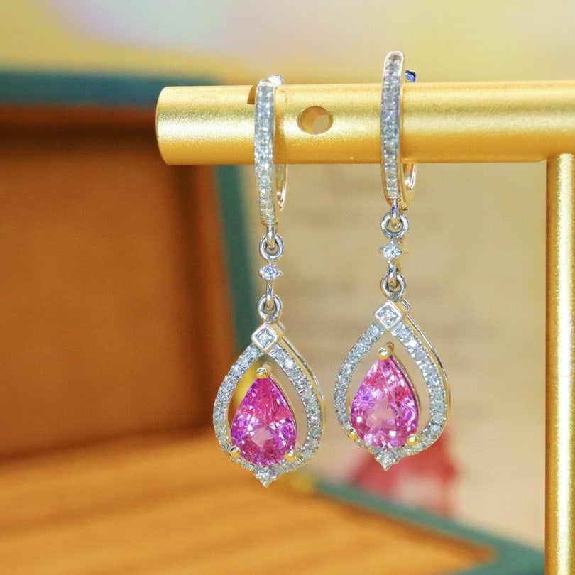 14k Gold 2.22 Ctw Natural Padparadscha Sapphire & Diamond Earrings - 2