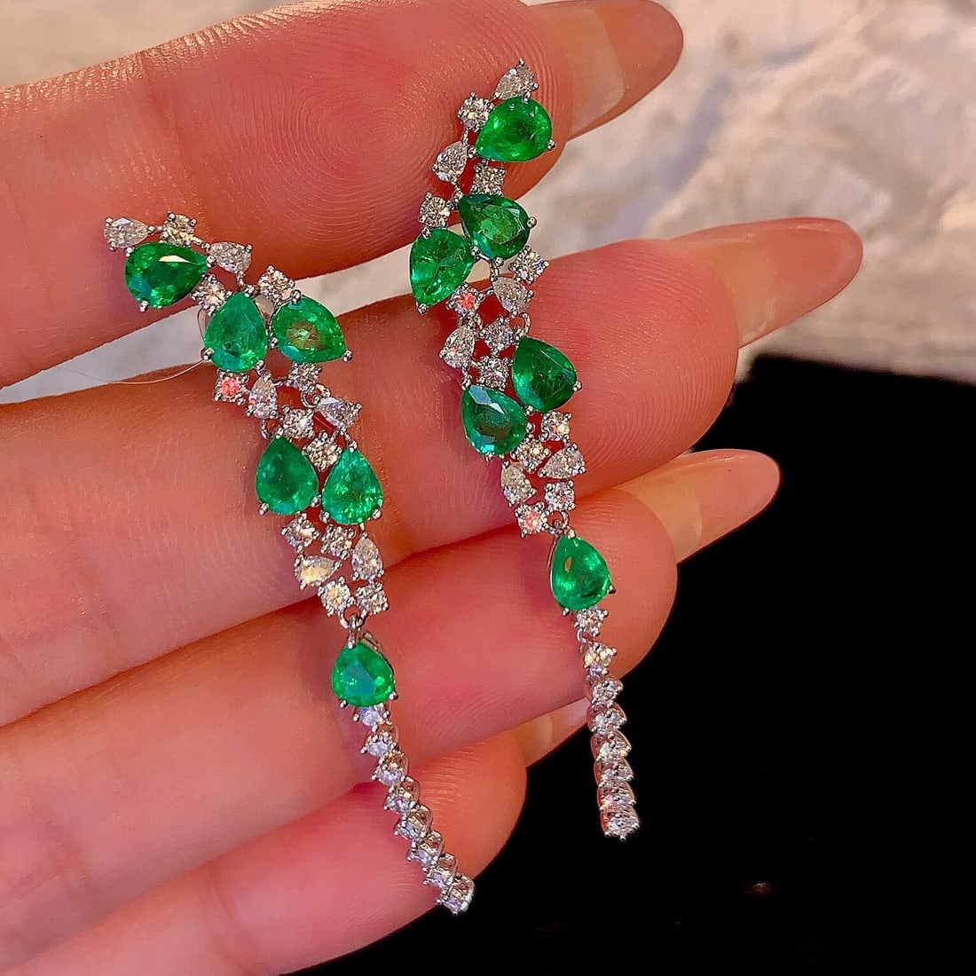 14k Gold 3.72 Ctw Vivid Green Natural Emerald & Diamond Earrings - 4