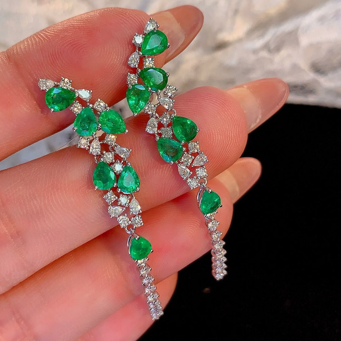 14k Gold 3.72 Ctw Vivid Green Natural Emerald & Diamond Earrings - 5