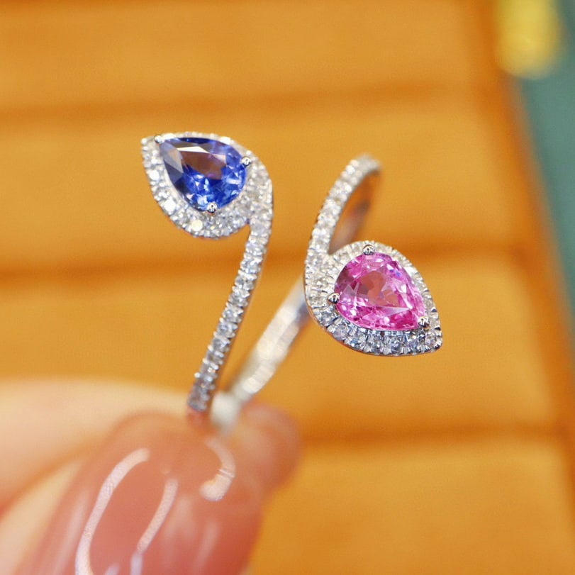 14k Gold 0.99 Ctw Natural Sapphire & Diamond & Toi Et Moi Ring - 4