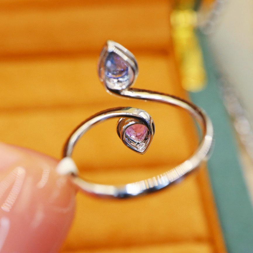 14k Gold 0.99 Ctw Natural Sapphire & Diamond & Toi Et Moi Ring - 5