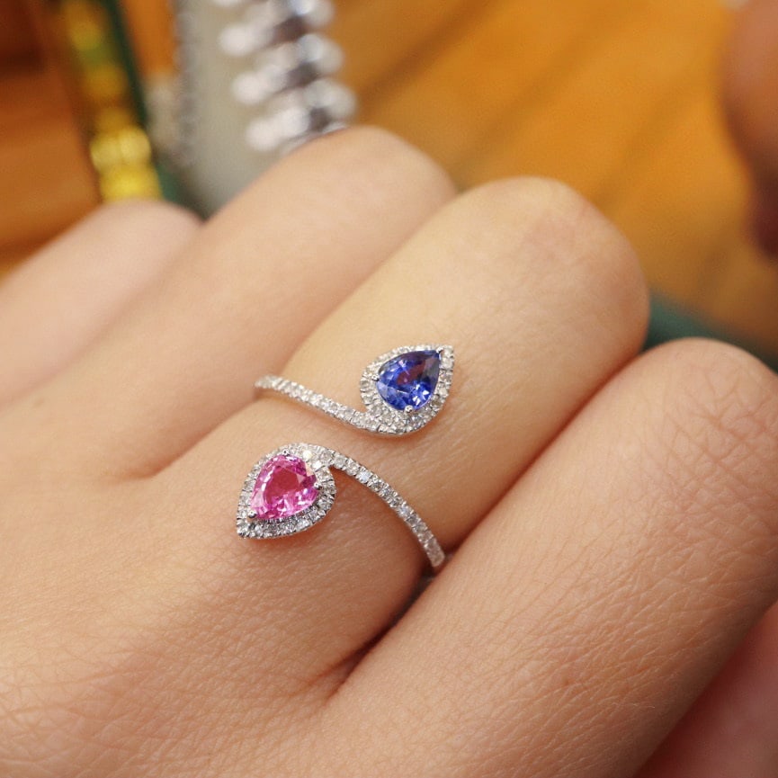 14k Gold 0.99 Ctw Natural Sapphire & Diamond & Toi Et Moi Ring - 6