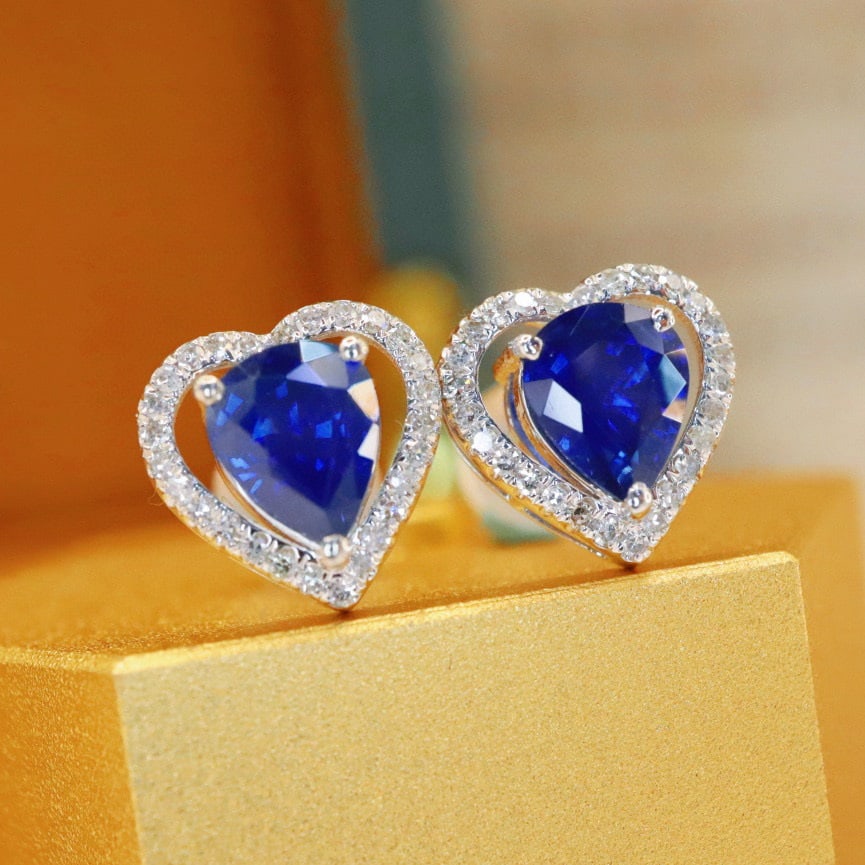 14k Gold 1.56 Ctw Natural Sapphire & Diamond Earrings - 2