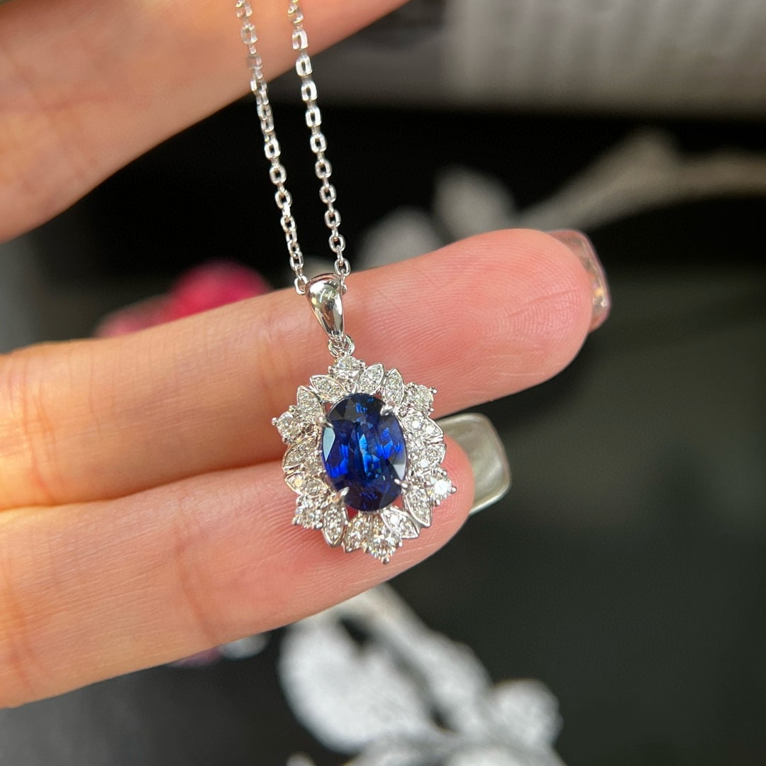 14k Gold 2.30 Ctw Vivid Blue Natural Sapphire & Diamond Pendant( Without Chain ) - 2