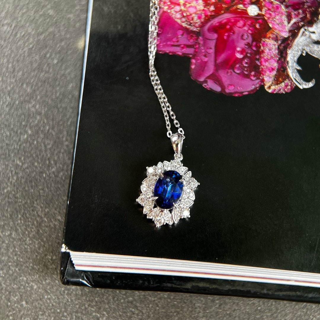 14k Gold 2.30 Ctw Vivid Blue Natural Sapphire & Diamond Pendant( Without Chain ) - 3