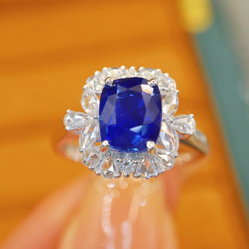 14k Gold 3.55 Ctw Natural Sapphire & Diamond Ring: Ref:230938417 // gold content:14k gold // ring size:7. 25us // // main gemstone:sapphire // shape:cushion // carat weight:3. 12ct // color:royal blue // treatment:natural // // adjacent gemstone 2