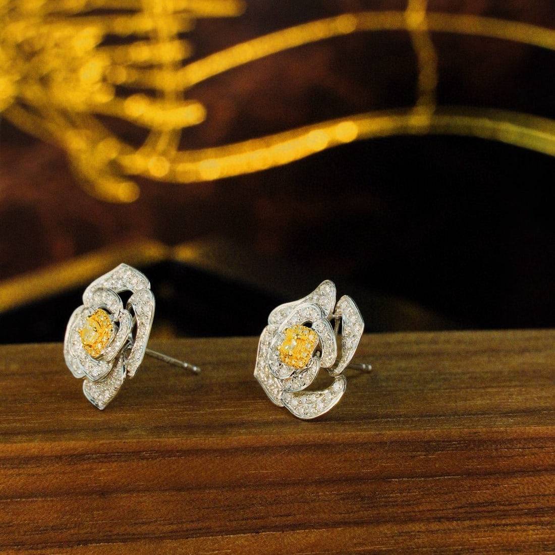 14k Gold 1.2 Ct Natural Color Diamond & Flowers Earrings - 3