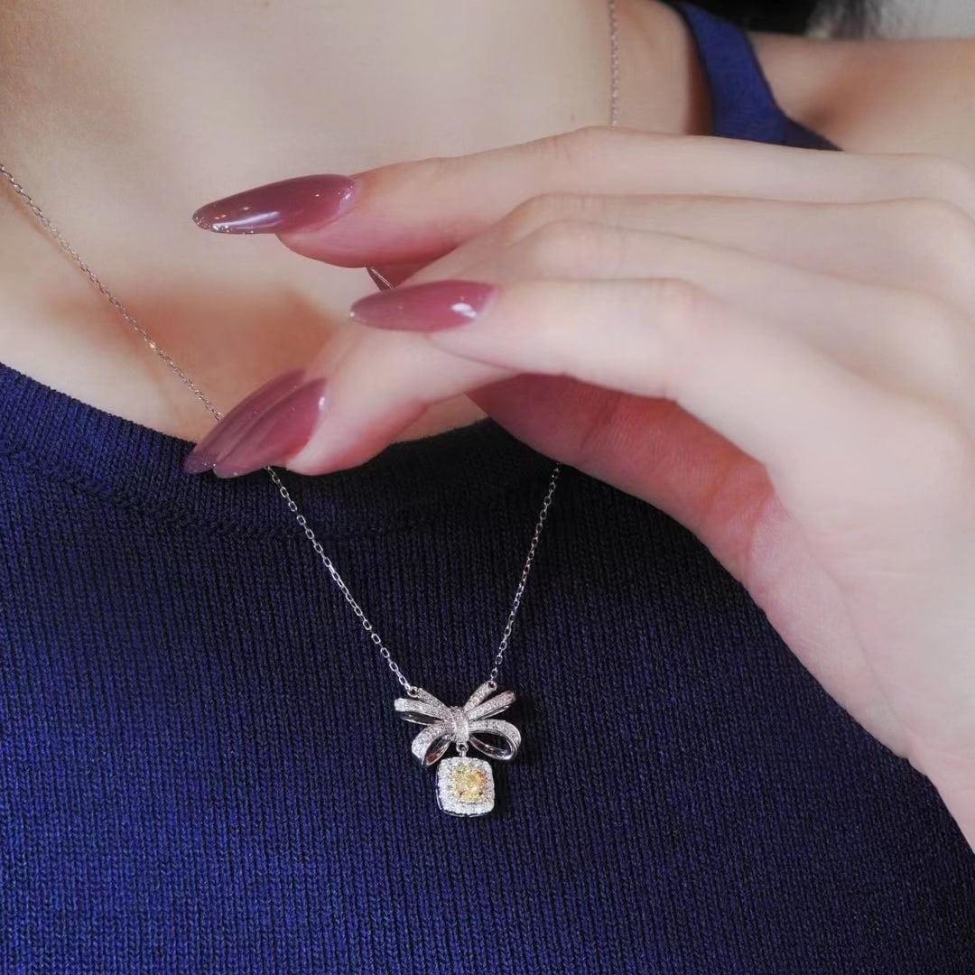 14k Gold 0.58 Ctw Natural Yellow Diamond & Diamond Necklace - 2