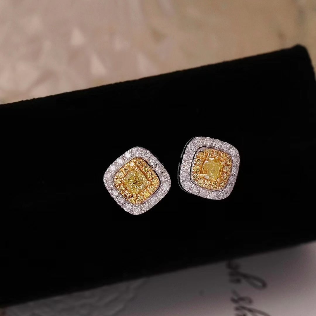 14k Gold 1.0 Ctw Natural Yellow Diamond & Diamond Earrings: Ref:230938437 // gold content:14k gold // main gemstone:yellow diamond // shape:cushion // carat weight:0. 4ct // color:yellow // treatment:natural // // adjacent gemstone 2 : diamond //