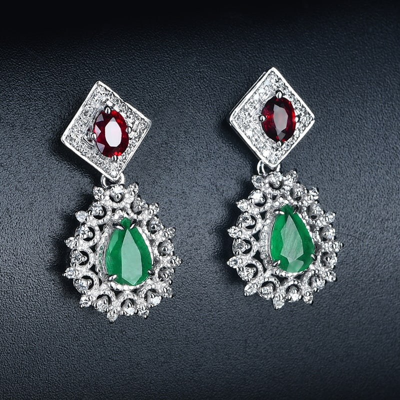 14k Gold 1.5 Ctw Natural Emerald & Ruby Earrings - 2