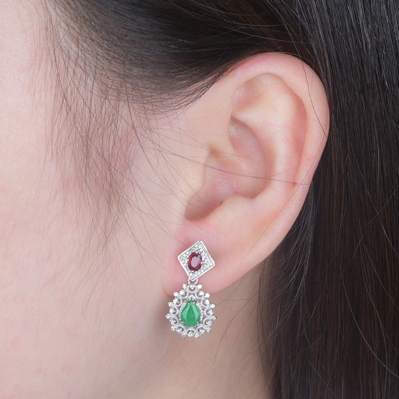 14k Gold 1.5 Ctw Natural Emerald & Ruby Earrings - 3
