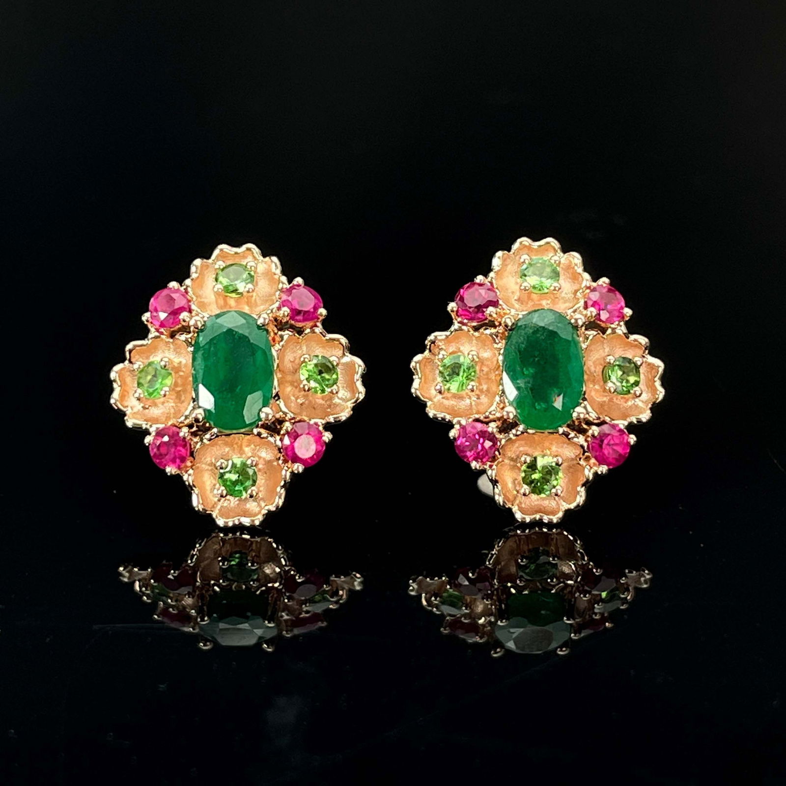 14k Gold 1.42 Ctw Natural Emerald & Tsavorite & Ruby Earrings (1 of 6)