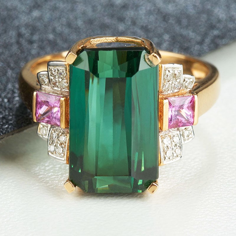 14k Gold 8.2 Ct Natural Tourmaline & Sapphire & Diamond Ring (1 of 7)