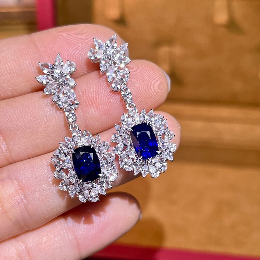 14k Gold 9.5 Ctw Natural Sapphire & Sapphire Earrings: Ref:230977132 // gold content:14k gold // main gemstone:sapphire // shape:cushion // carat weight:4. 6ct // color:blue // treatment:natural // // adjacent gemstone 2 : sapphire // number of stones:78