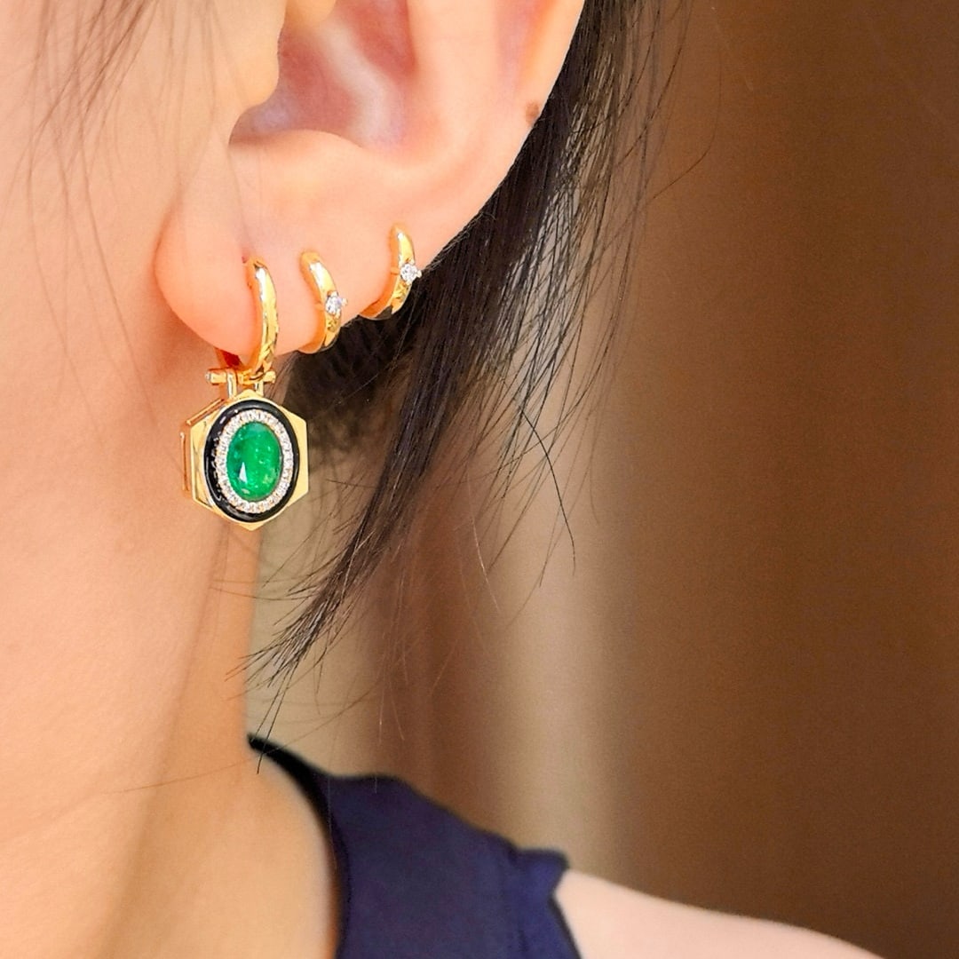 14k Gold 2.23 Ctw Vivid Green Natural Emerald & Diamond Earrings - 3