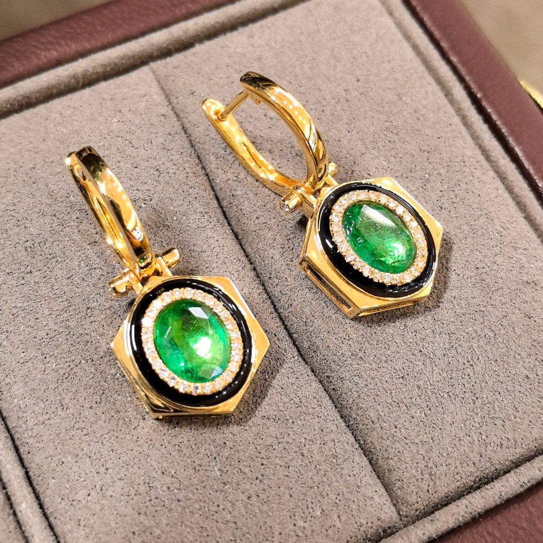 14k Gold 2.23 Ctw Vivid Green Natural Emerald & Diamond Earrings - 4
