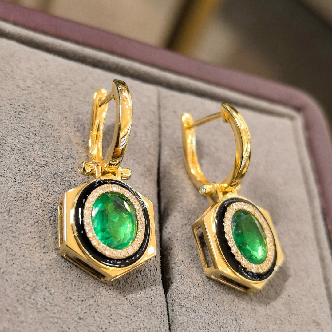 14k Gold 2.23 Ctw Vivid Green Natural Emerald & Diamond Earrings - 6