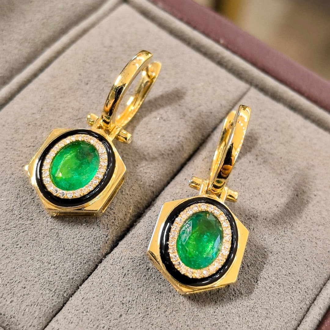 14k Gold 2.23 Ctw Vivid Green Natural Emerald & Diamond Earrings - 7