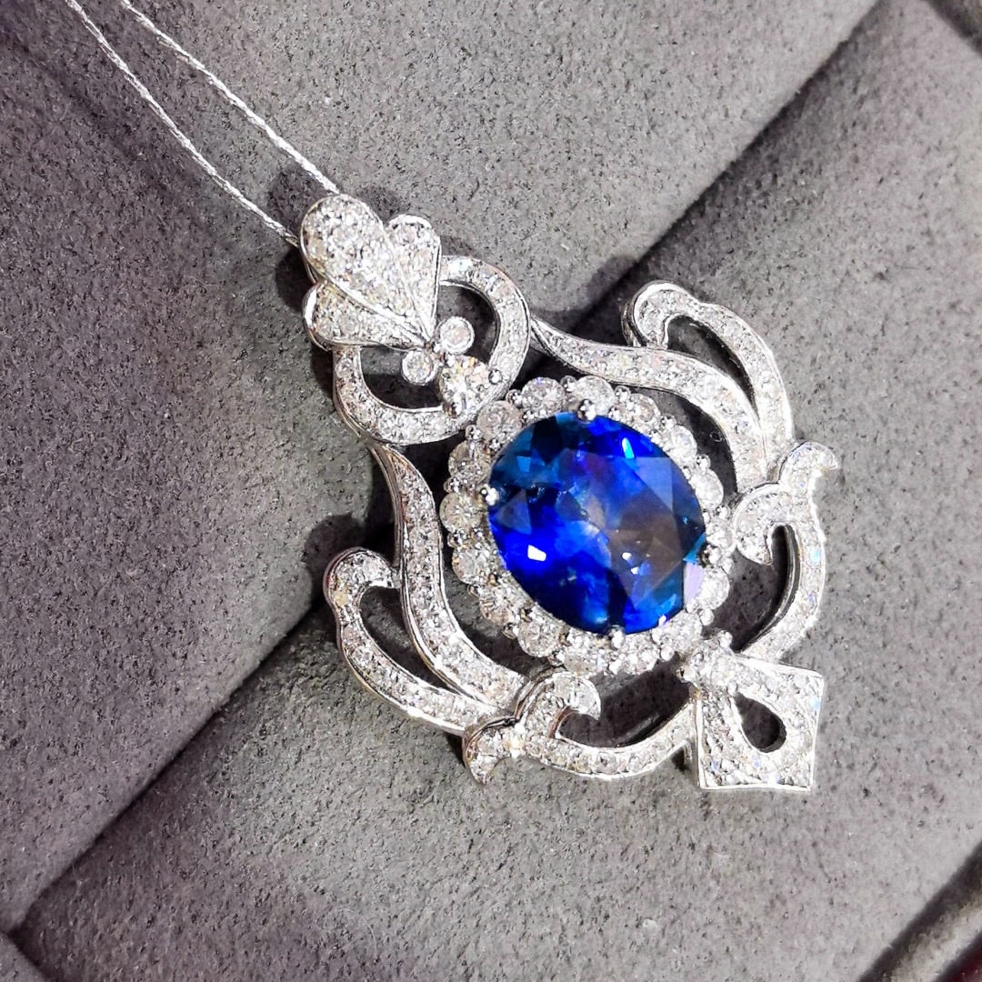 14k Gold 2.94 Ctw Natural Sapphire & Diamond Pendant( Without Chain ) - 2