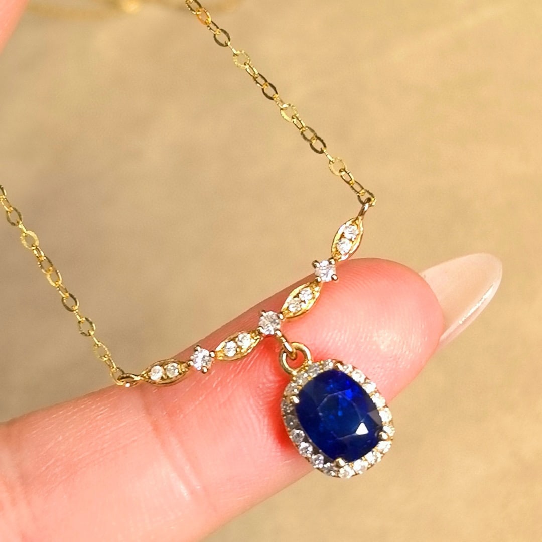 14k Gold 1.63 Ctw Natural Sapphire & Diamond Necklace: Ref:230977161 // gold content:14k gold // main gemstone:sapphire // shape:cushion // carat weight:1. 41ct // color:blue // treatment:natural // // adjacent gemstone 2 : diamond // shape:round //