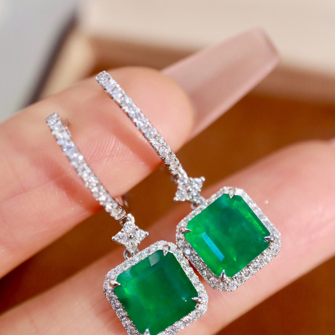 14k Gold 4.35 Ctw Natural Emerald & Diamond Earrings - 5