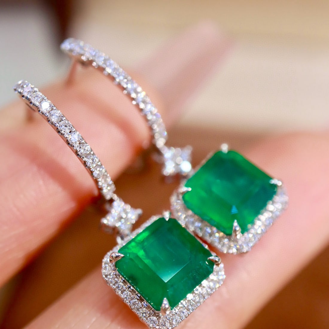 14k Gold 4.35 Ctw Natural Emerald & Diamond Earrings - 6