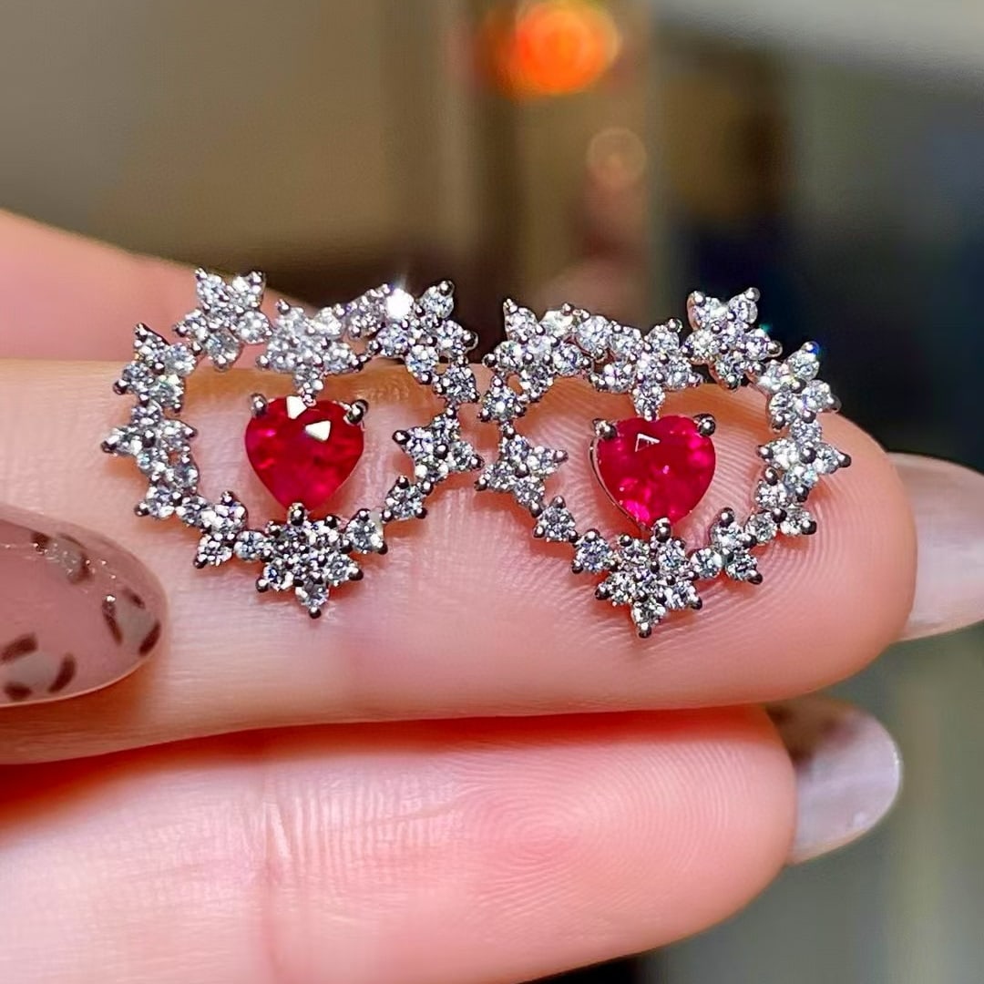 14k Gold 2.00 Ctw Natural Ruby & Diamond Earrings: Ref:230977177 // gold content:14k gold // main gemstone:ruby // shape:heart // carat weight:1. 03ct // color:red // treatment:natural // // adjacent gemstone 2 : diamond // shape:round // carat