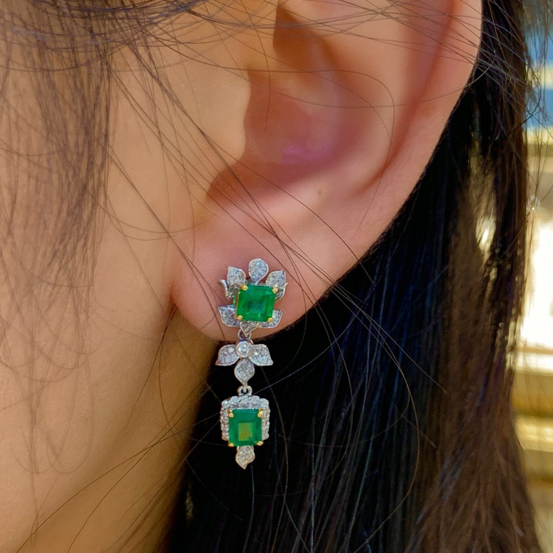 14k Gold 2.6 Ct Natural Emerald & Diamond Earrings - 4