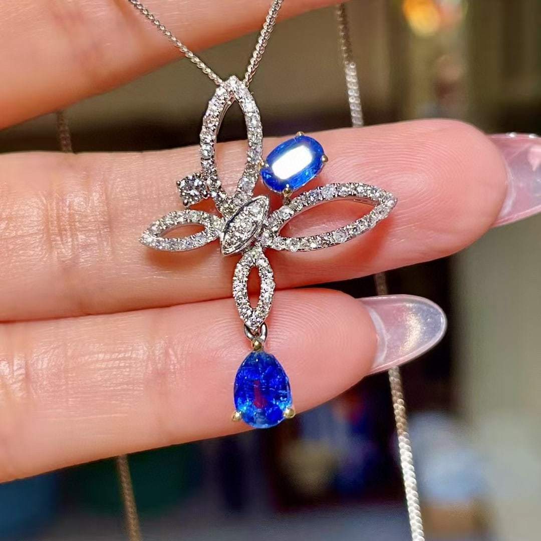14k Gold 2.2 Ctw Natural Sapphire & Diamond Pendant( Without Chain ): Ref:230977203 // gold content:14k gold // main gemstone:sapphire // shape:multiply // carat weight:1. 3ct // color:blue // treatment:natural // // adjacent gemstone 2 : diamond // shape:round // carat