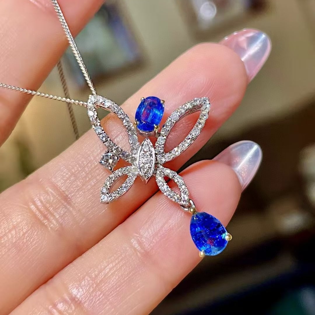 14k Gold 2.2 Ctw Natural Sapphire & Diamond Pendant( Without Chain ) - 2